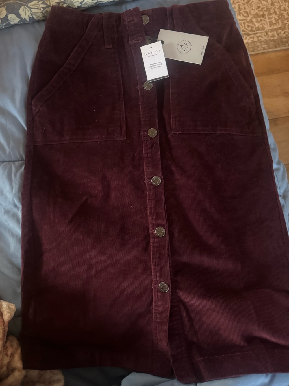 NWT bohme Vero Moda Burgundy Corduroy Button-Front Skirt Size S